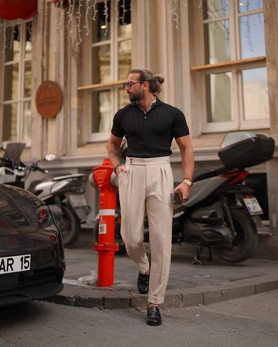 Black Polo Shirt with Cream Linen Pants and Black Loafers 